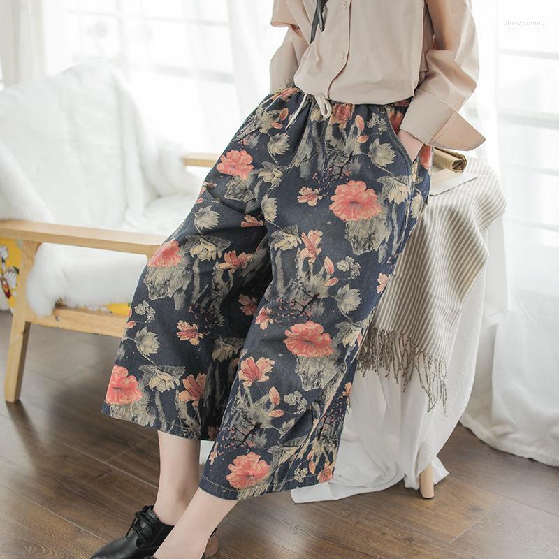 

Women's Jeans Women's 2022 Spring Retro Floral Print Wide Leg Pants Street Ladies Trousers Casual Woman Distressed, Blue
