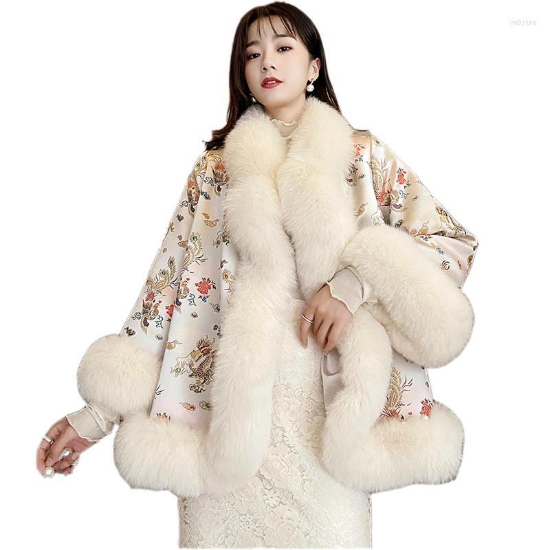 

Women' Fur 2022 Fashion Winter Coat Women Faux Jacket Vintage Embroidery Beading Cloak Outerwear Satin Fabric Shawl Tops KW217, Champagne