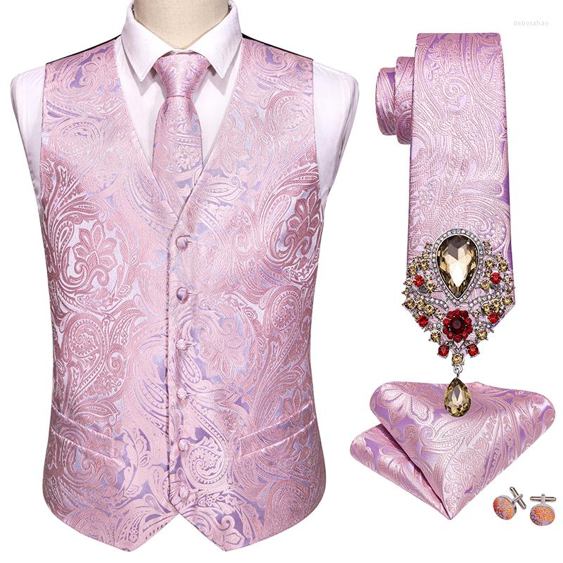 

Men' Vests 5PCS Designer Mens Wedding Suit Vest Pink Paisley Jacquard Folral Silk Waistcoat Tie Brooches Set Barry.Wang Groom, Gm-2058