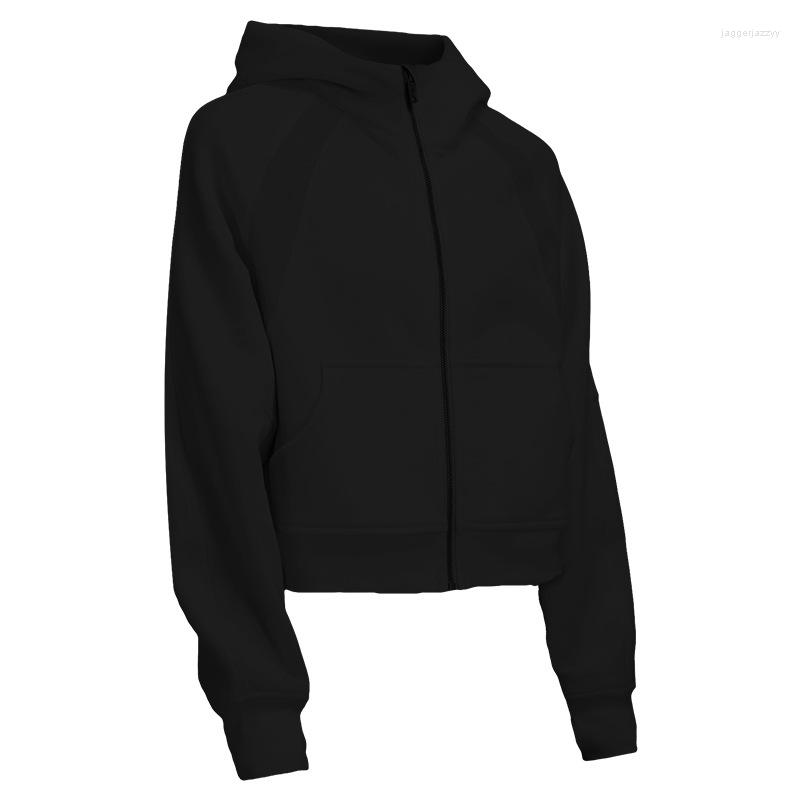 

Active Shirts Autumn And Winter Plush Women's Zipper Hoodie Loose Short Thermal Sports Full Sweater Gym Running Yoga, Black