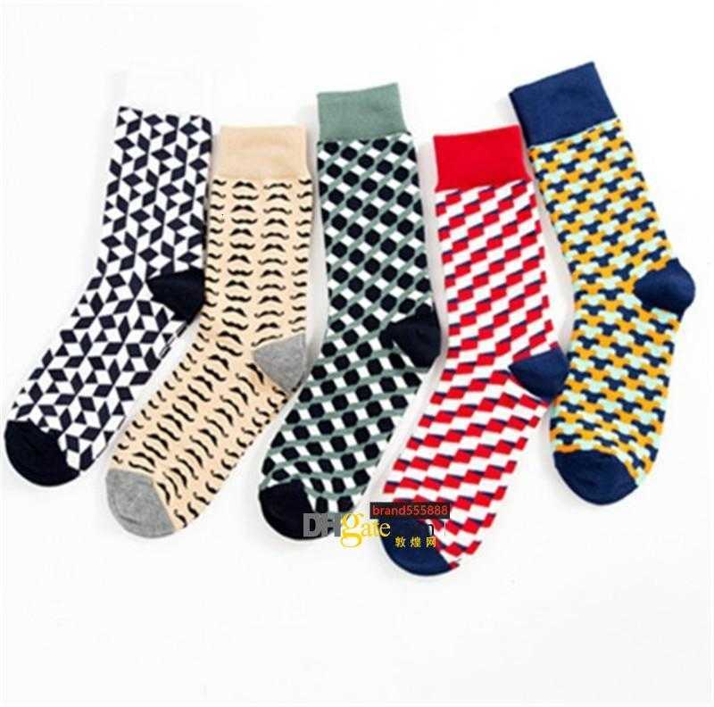 

LuxuryMan new style jacquard socks Combed cotton causal happy socks Geometry Plaid Mid-calf colorful socks, As pictures