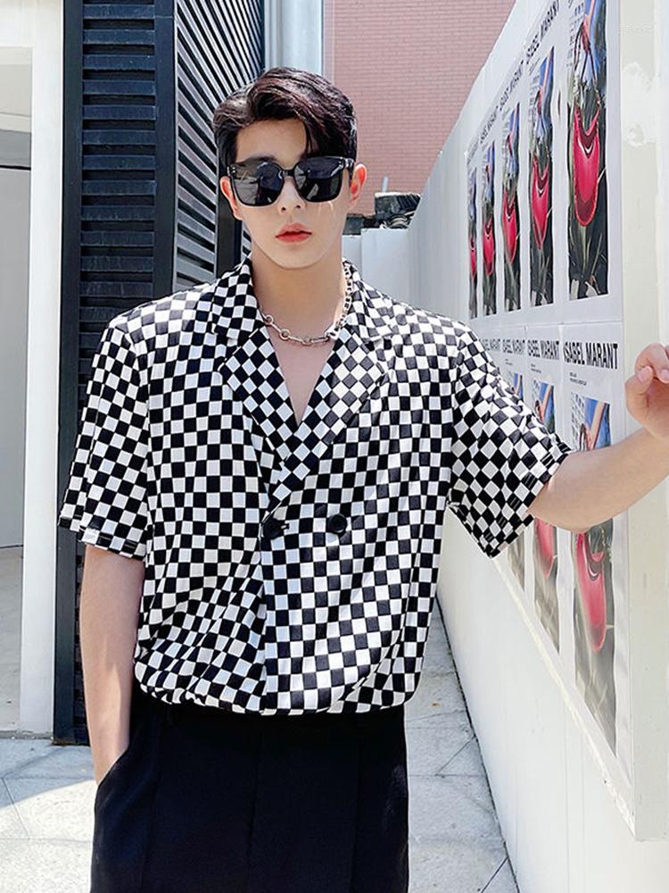 

Men's Casual Shirts Sleeve Short Autumn Summer Shirt Korean Fashionable Checkerboard Double Breasted Breathable 2023 Fashion Luxury 2A3265, Black