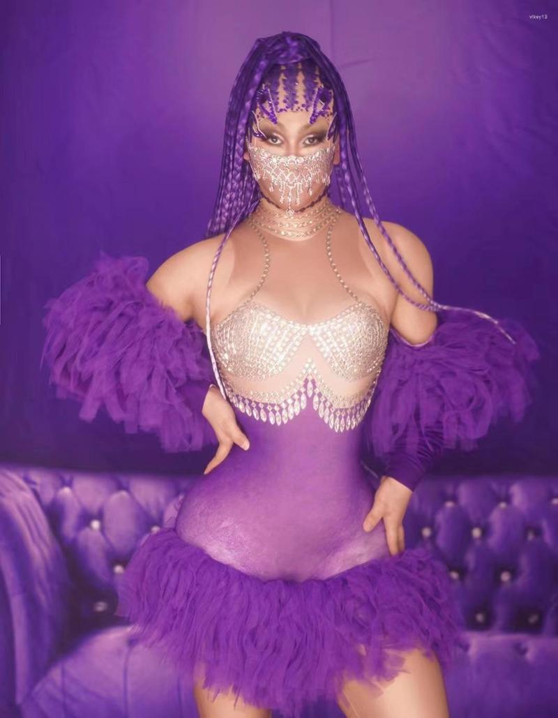 

Stage Wear Fashion Sexy Perspective Purple Short Bodycon Dress Women Celebrate Costume Nightclub Birthday Party Dresses