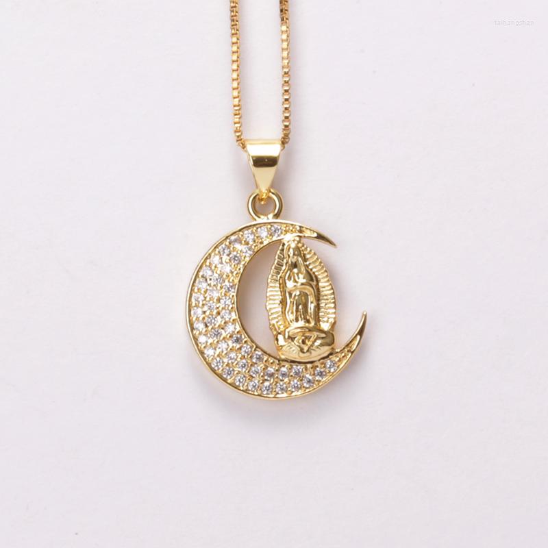 

Pendant Necklaces 18 Inches White Cz Crystal Paved Crescent Moon Religious Belief The Blessed Virgin Mary Gold Necklace Unisex Man Woman