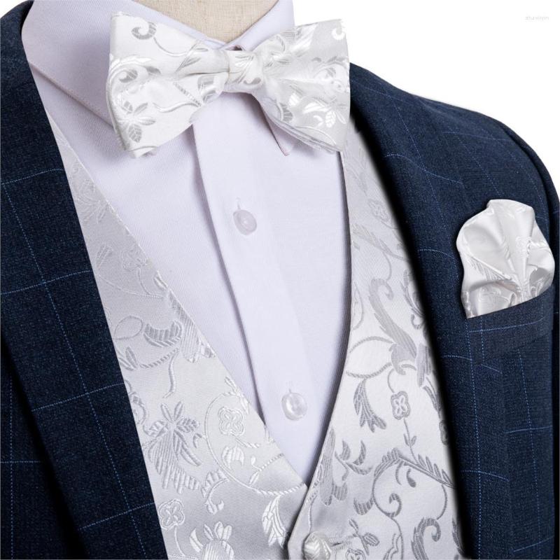 

Men' Vests Men' White Floral Fashion Wedding Silk Waistcoat Vest For Men Bowtie Hanky Cufflinks Cravat Set Suit Tuxedo DiBanGu MJ-116