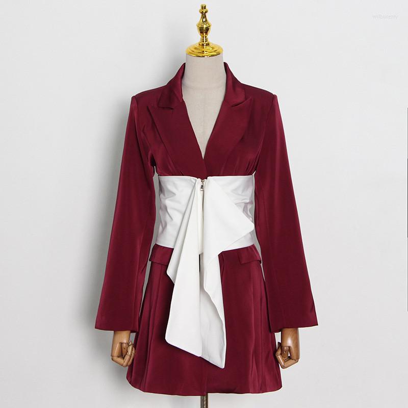 

Women' Suits 2022 Fashion Fall Winter Women Notched Full Sleeve Red Wine Irregular Belt Spliced Pockets Casual Blazer Outerwear, Claret