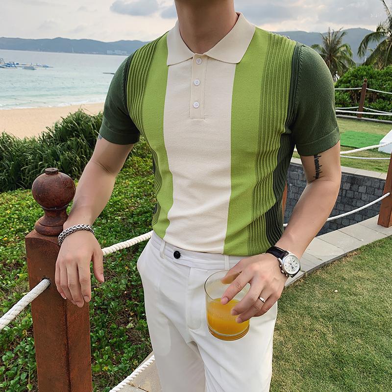 

Men's Polos Summer Slim Fit Short Sleeved Knitted Polo Shirts Men Fashion Lapel Tee Tops Casual Striped Business Mens Poloshirt Streetwear, Black