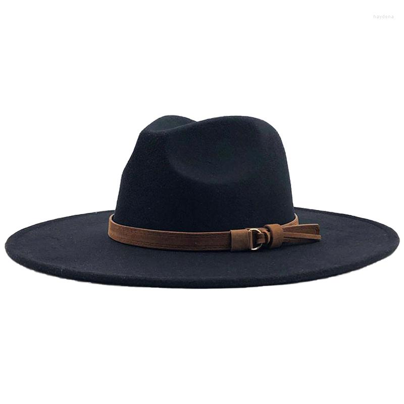 

Berets 9.5 CM Big Wool Fedora Hats For Women Gentleman Elegant Lady Winter With Belt Wide Brim Jazz Hat Men Panama Cap, Beige(2)