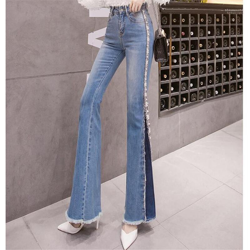 

Women's Jeans Women's 2022 Spring Women Side Split Mixed Colors Denim Trousers Beaded Rhinestone High Waist Wide Leg Pants Fashion, Blue