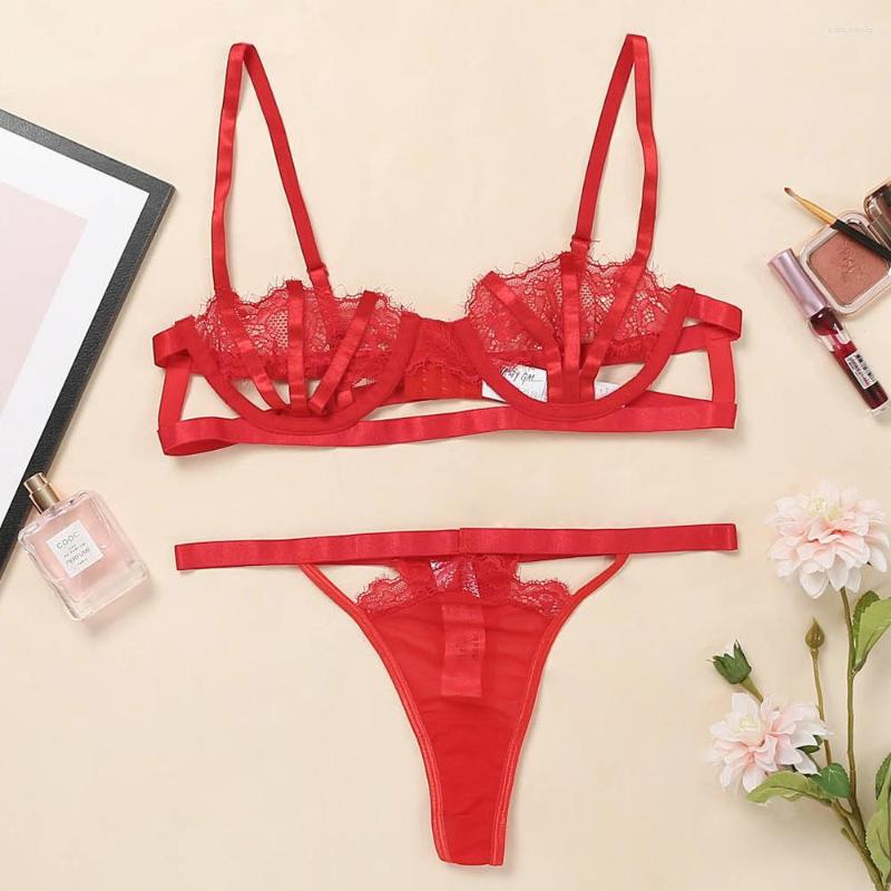 

Bras Sets Sexy Lingerie Underwear Set For Women Hollow Out Embroidery Bra Thongs Erotic And Panties Female Intimates, Red