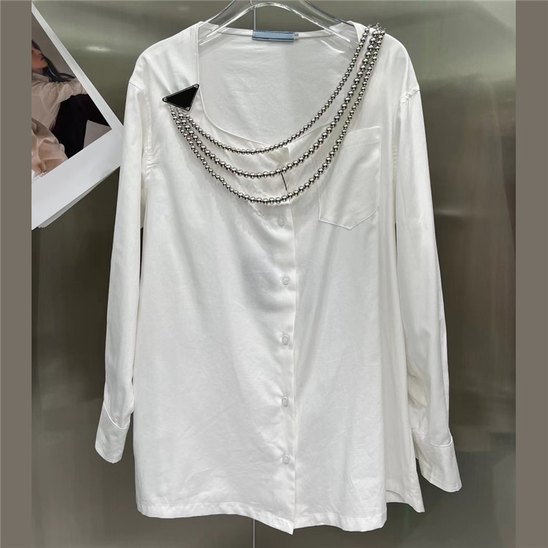 

New Ladies Triangle Necklace Shirts Autumn Winter Loose Blouses Laser Lettering Button Blouse Steel Ball Chain Decoration Shirts, White