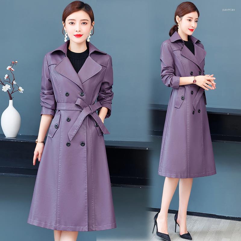 

Women's Leather 2022 Autumn Winter Women Trench Coat Double Breasted Pu Overcoat Female Windbreaker Long Sleeve With Belt Outerwea, Black