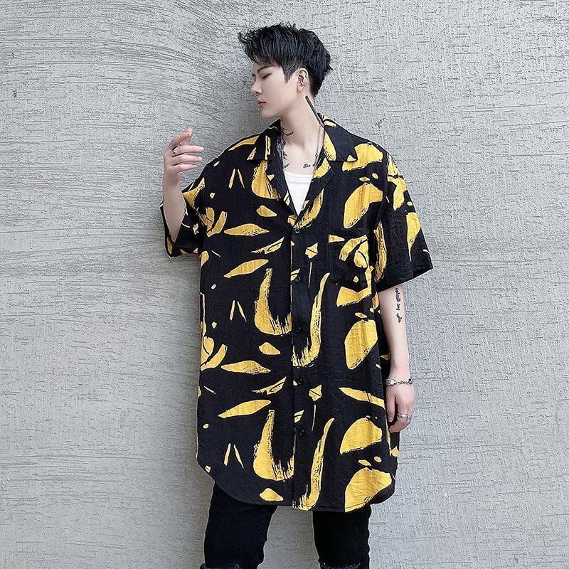 

Men's Casual Shirts Men's Printed Short Sleeve Loose Oversize Streetwear Vintage Fashion Male Korean Style Dress, C235
