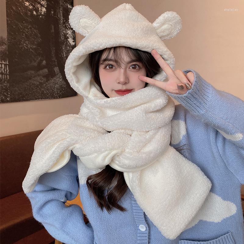 

Scarves 2022 Winter Warm Scarf Three Piece Set In One Thickened Women's Fashion Cute Little Bear Ear Cap Essential