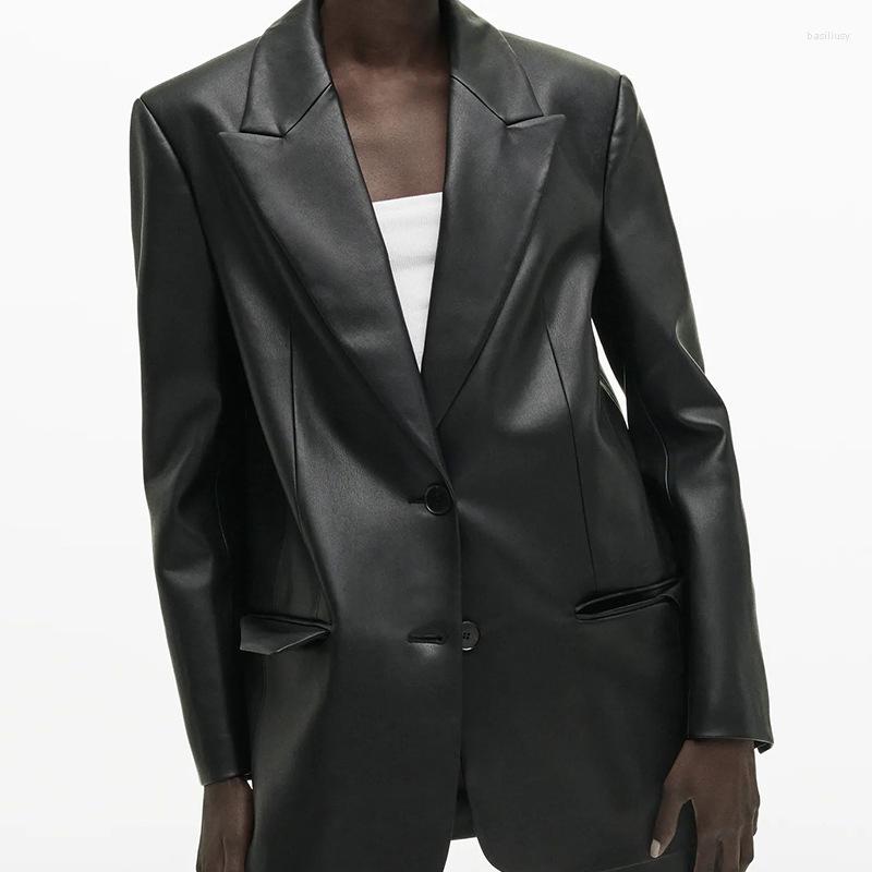 

Women's Leather Office Style Long Faux Blazers For Women Single Breasted Female Pu Jackets Turn Down Collar With Pockets, Black