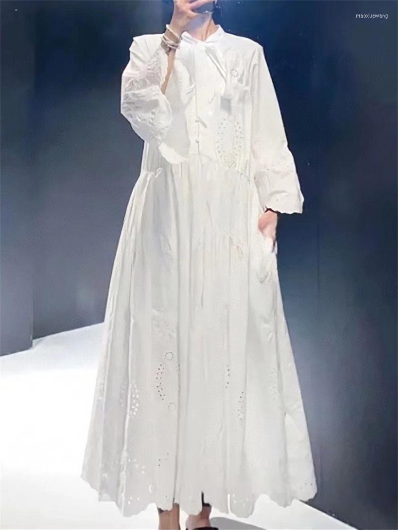 

Casual Dresses 2022 Arrive Women Hollow Out Embroidered Floral Cotton Lace Dress, Sky blue