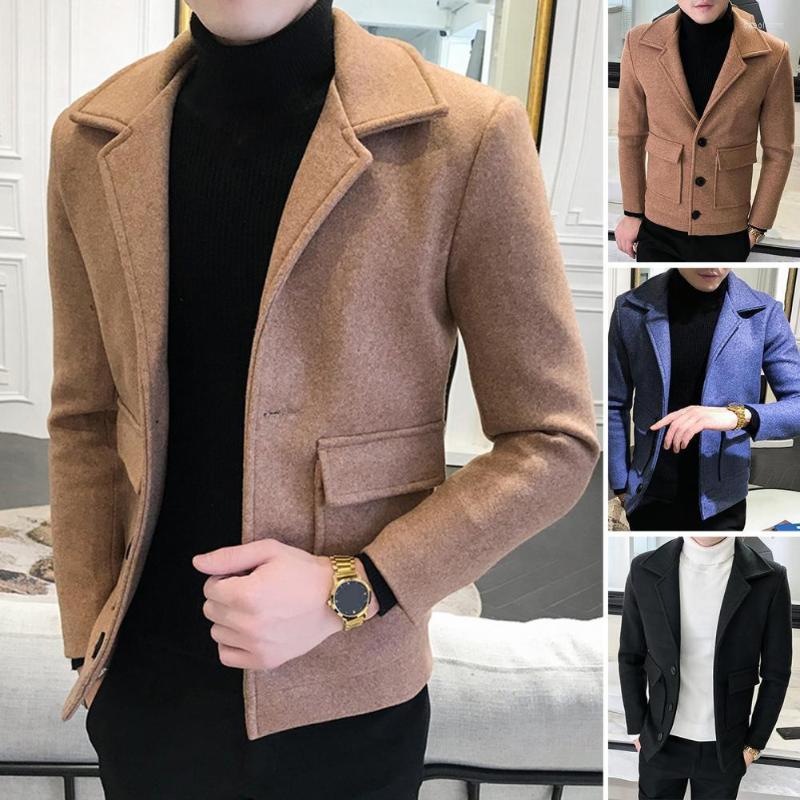 

Men's Jackets Men Faux Woolen Jacket Solid Color Single Breasted Overcoat Autumn Winter Slim Fit Thicken Business Trench Coat Streetwear, Black