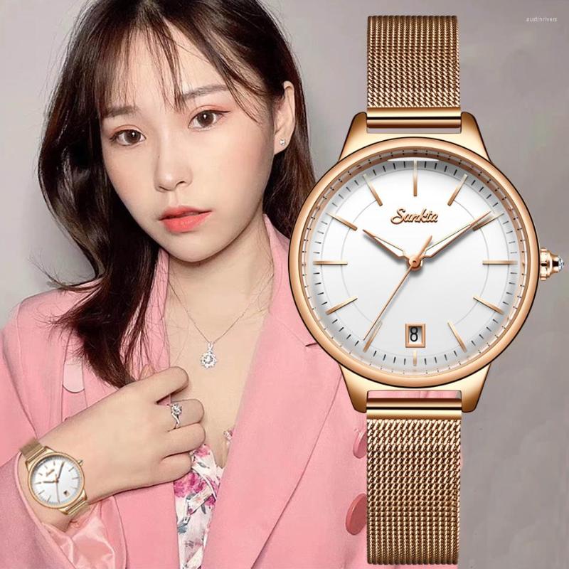 

Wristwatches SUNKTA Quartz Watch Women Mesh Stainless Steel Watchband Casual Wristwatch Japan Movement Bayan Kol Saati Clocks, Blue