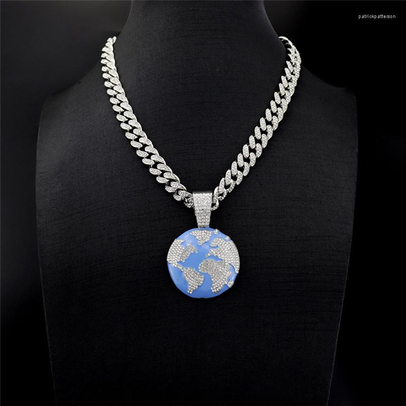 

Pendant Necklaces Iced Out Blue Earth Cubic Zircon Necklace With 13mm Miami Cuban Chain Chokers For Men Fashion Hip Hop Party Jewelry