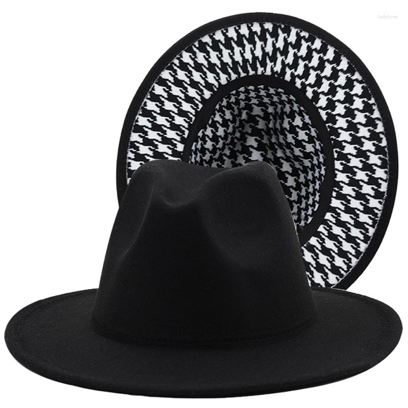 

Berets Fedoras Winter Women Hats Houndstooth Plaid Patchwork For Caps Men Felted Fedora Hat Sombreros De Mujer Chapeau Femme, Black(1)
