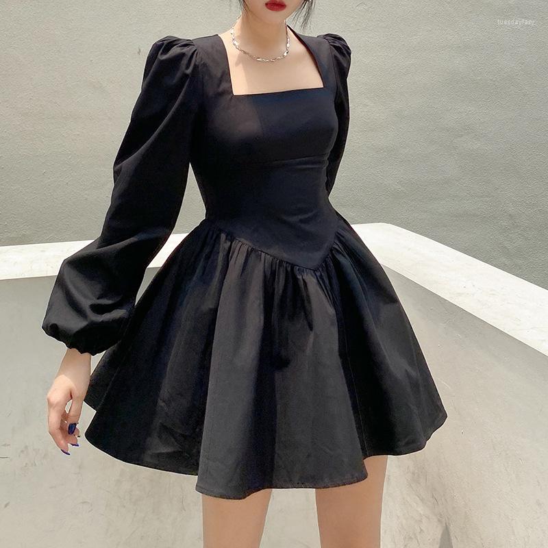 

Casual Dresses Women Elegant Slim A-line Dress Summer Female Sexy Solid Long Puff Sleeves Short Mini Party Spring Vestidos, Black