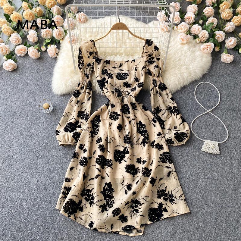 

Casual Dresses Vintage Designer Dress Women 2022 Spring Square Collar Puff Long Sleeve High Waist Slim Print Midi A-line Robe Femme, Khaki