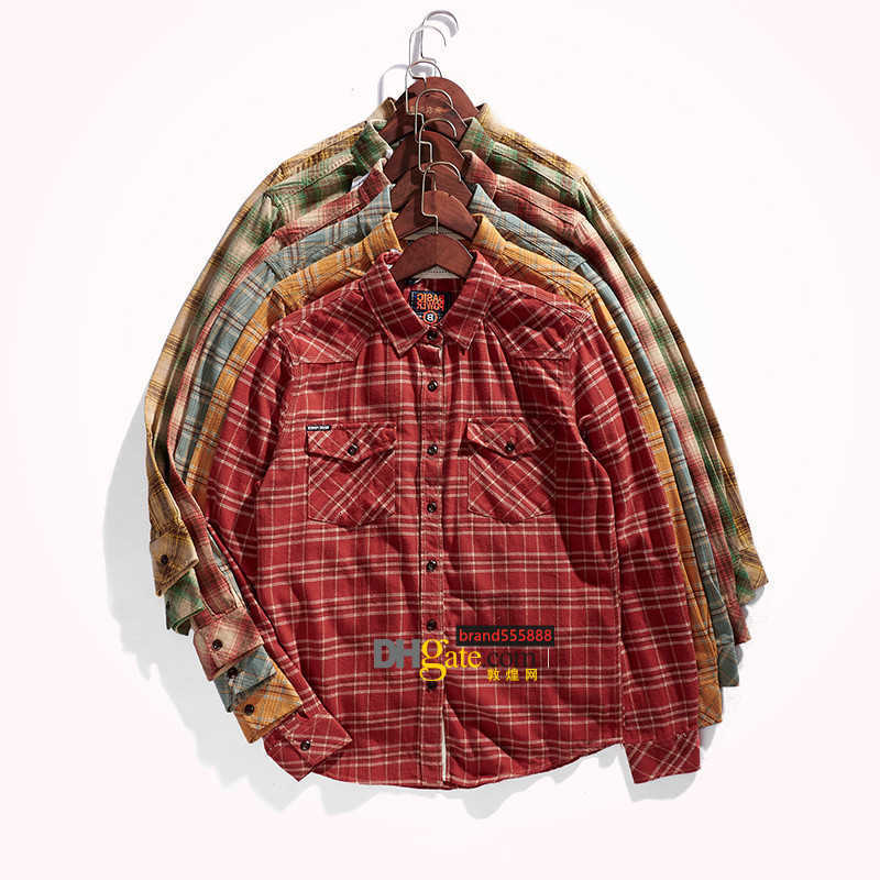 

LuxuryMen's Casual Shirts Autumn Korean Simple Youth Long-Sleeve Flannel Plaid Tooling Blouses Pure Cotton Washed Old Men's Fashion Multi-pocket Shirt free shipp, Single pocket green