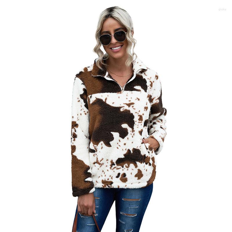 

Women's Jackets Winter Cow Printed Fleece Sherpa Pullover For Women 1/2 Zipper Loose Oversized Outwear Ladies Sweatshirt Coat Animal Print, Auburn