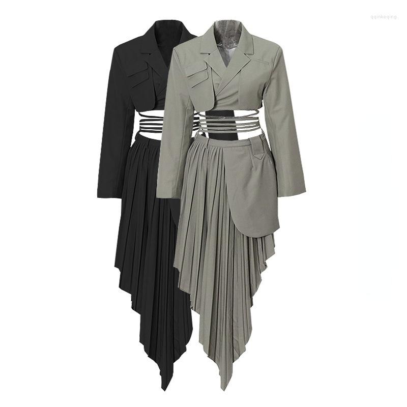 

Two Piece Dress 2022 Women Casual Sets Autumn Long Sleeve Cardigan Blazer Set Outfits Skirt Solid Lady Suits Irregular, Black skirt