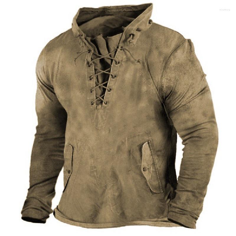 

Men' Hoodies Wepbel Lace-up Hooded T-shirt Pullovers Autumn Men' Sweatshirts Tops Retro Outdoor Tactics Loose Solid Casual Top, Black