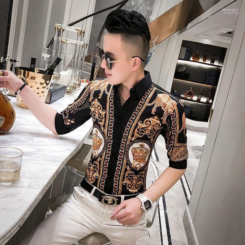 

Men's Casual Shirts Men's Korean Stylist Printed Shirt Seven-point Sleeve Handsome Slim Non-iron Anti-wrinkle Inch Fashion Flower Men, Black