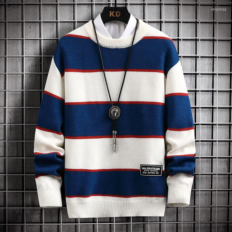 

Men's Sweaters 2022 Winter Warm Sweater Men Long Sleeve Round Neck Pullover Street Striped Mens Autumn Casual Loose Knitted Tops, Black