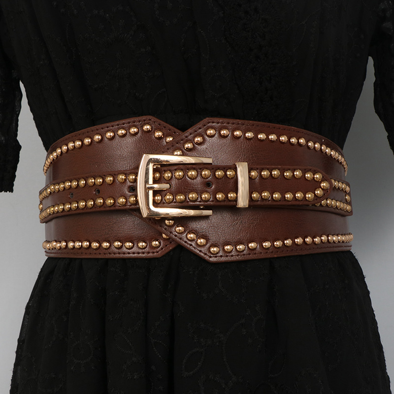 

Rivets Bright Surface PU Wide Belts Elastic Belt for Women Fashion Design Coat Dress Suits Desoration, Aspic