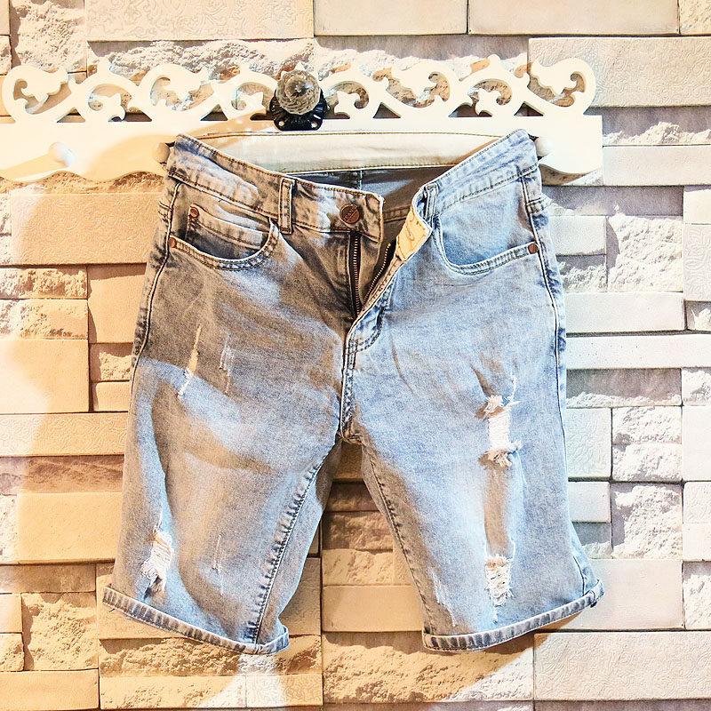 

Men's Pants Summer 2022 Fashion Street Hip Hop Men's Denim Shorts Brand Knee Length Hole Korean Straight Feet Trendy Short, Sky blue