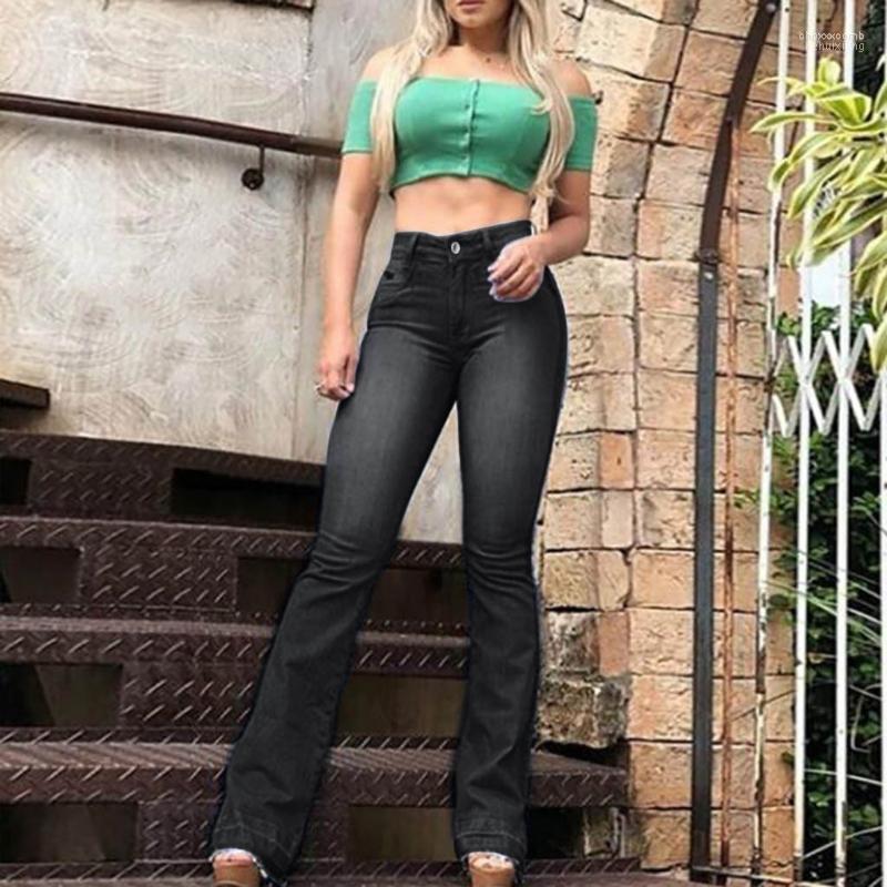 

Women's Jeans Women's Women Flare Mid Waist Bell Stretch Slim Pants Straight Length Loose For High Elastic Denim, Black