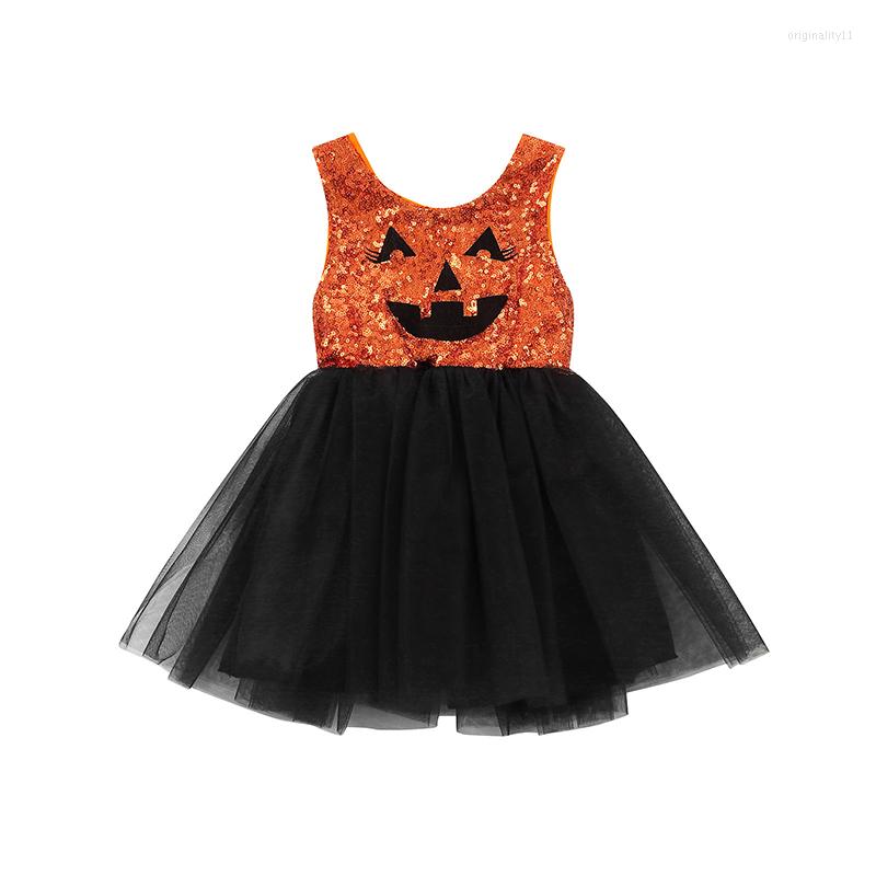 

Girl Dresses Toddler Baby's Clothes Halloween Theme Dress Children Sleeveless Sequins Pumpkin Pattern Round Neck Mesh Hem Cake Skirt, Orange