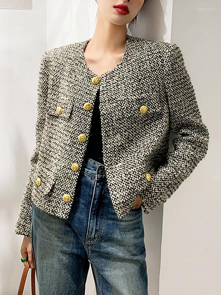 

Women' Jackets Fall Winter Small Fragrance Women Tweed Outerwear Vintage Elegant Golden Button Blends Wool Female Long Sleeve Jacket Coat, Gray
