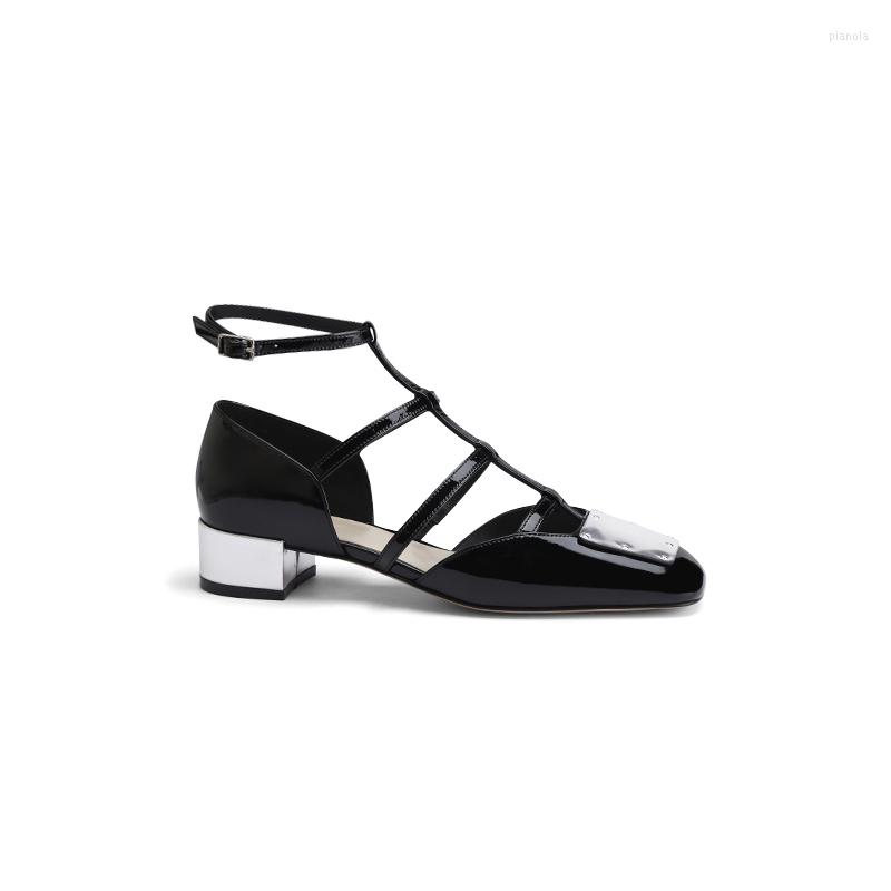 

Dress Shoes Women's Metal Buckle Patent Leather Sandals Square Toe Hollowed Chunky Heel Mary Janes Narrow Band Mature Sexy High Heels, Picture shown