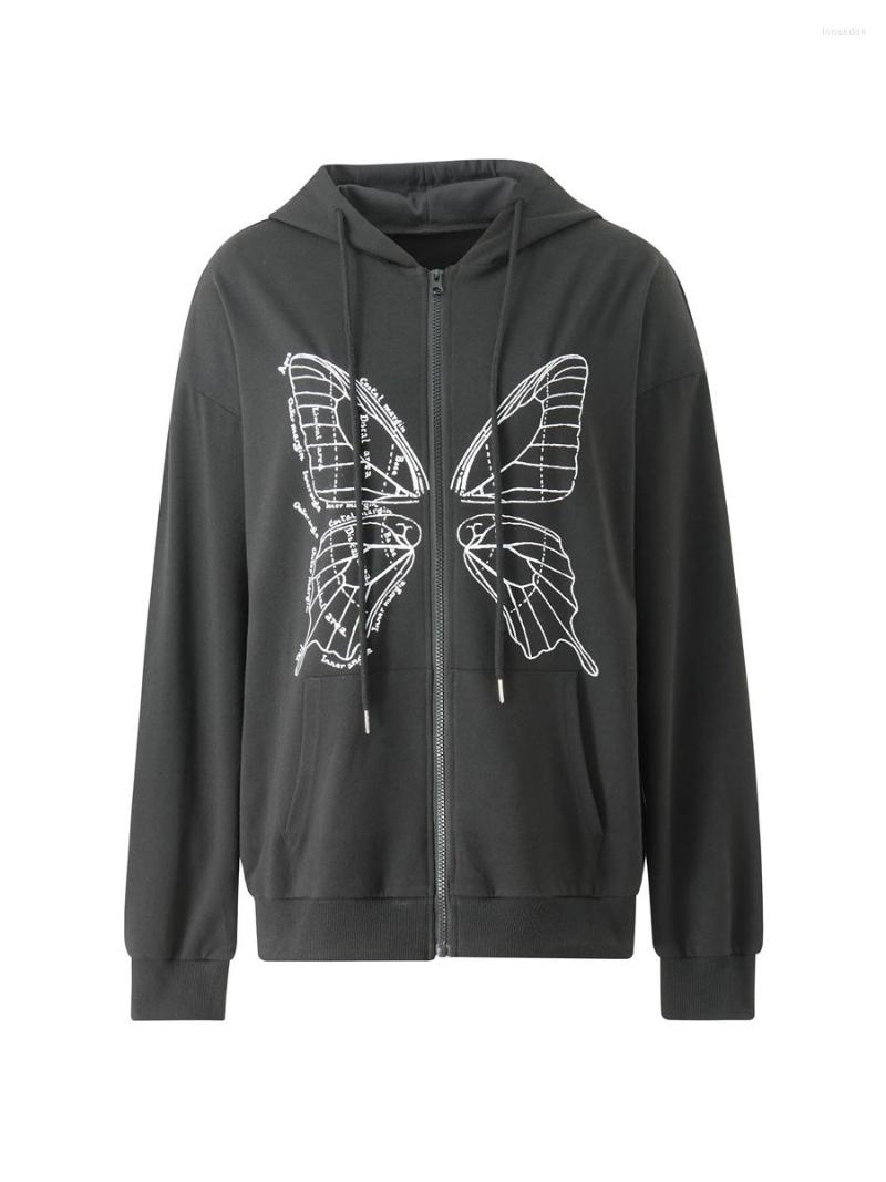 

Women' Hoodies Women Loose Zipper Hoodie Coat Autumn Leisure Style Butterfly Printing Long Sleeve Hooded Tops Streetwear, Black