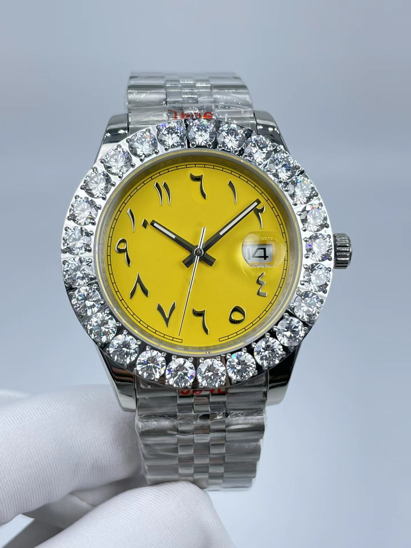 

New style log large diamond ring men's watch Arabic numeral surface 41mm automatic mechanical boutique watch, Yellow