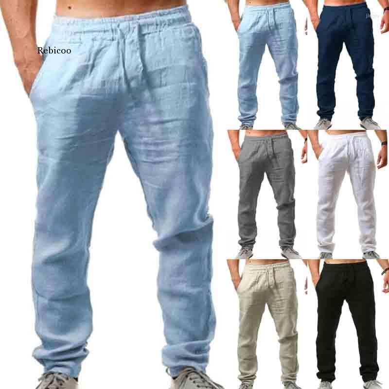 

Men's Pants Men's Summer Casual Natural Cotton Linen Trousers Breathable White Elastic Waist Straight Pant Top Quality, Navy