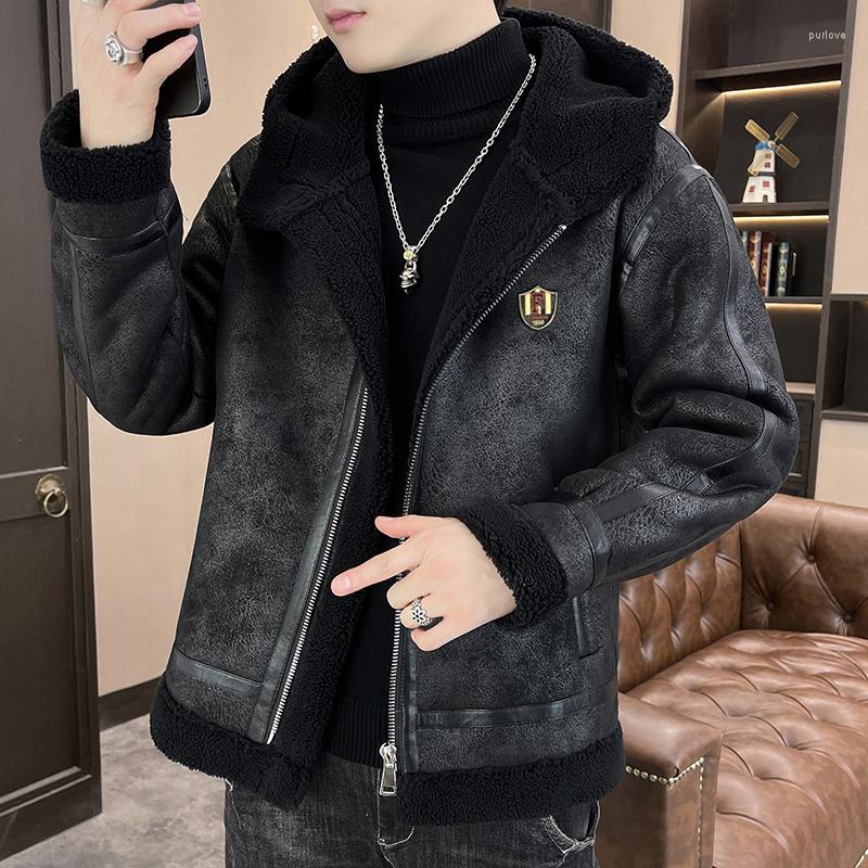 

Men's Jackets Quality Mens Fur Polar Fleece Coat With Nood Thick Winter Warm Wool Suede Leather For Style Black Moto Bomber Male
