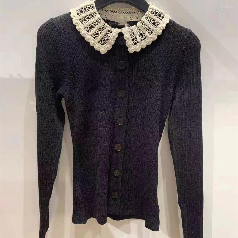 

Women' Knits Fashionable And Comfortable Spring Autumn Crocheted Doll Collar Single Breasted Knitted Top, Black