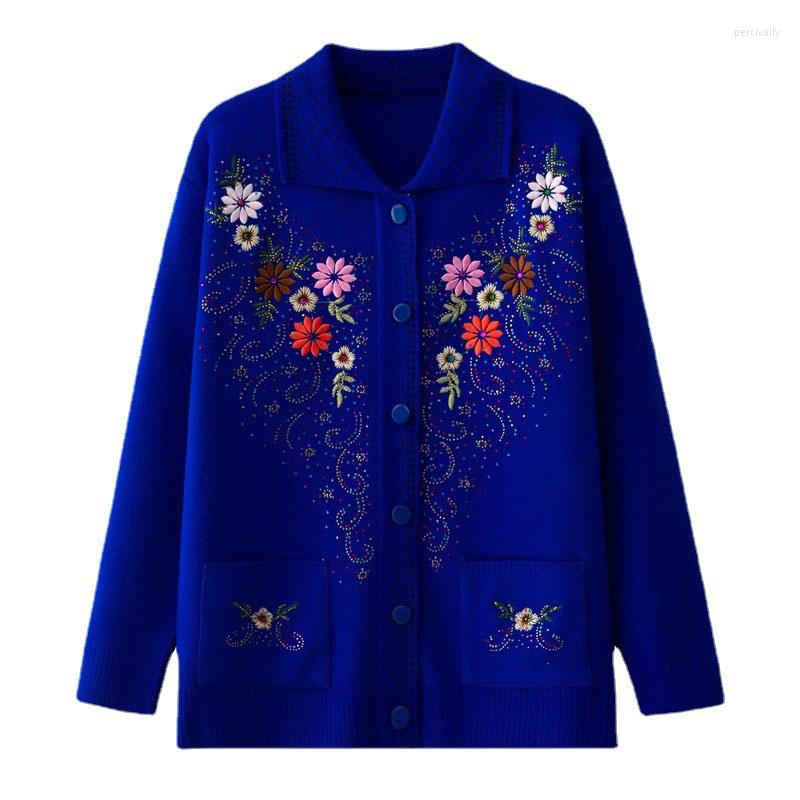 

Women's Knits Middle-aged Women Knitted Sweater Cardigan Coat 2022 Spring Autumn Jacket Embroidered Loose Short Coats Female Top, Grey