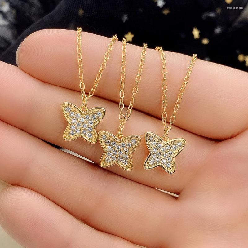 

Choker Huitan Aesthetic Butterfly Necklace Women For Engagement Wedding Party Luxury Gold Color Chain Shiny CZ Jewelry