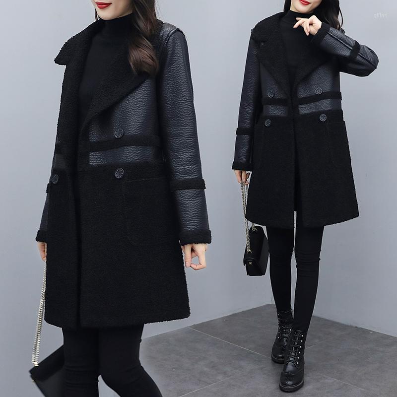 

Women's Leather 2022 Fashion Plus Size Women's Clothing Autumn Winter Coats Western Style Stitching Warm PU Jacket, Black