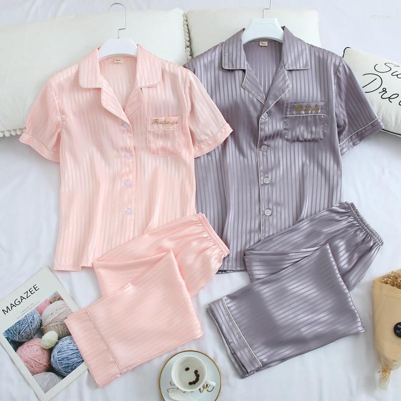 

Men's Sleepwear Striped Print Couple 2PCS Satin Pajama Sets Spring Summer Short Sleeve Shirt&Pant Nightwear Turn-down Collar Loose Home, Navy blue-men