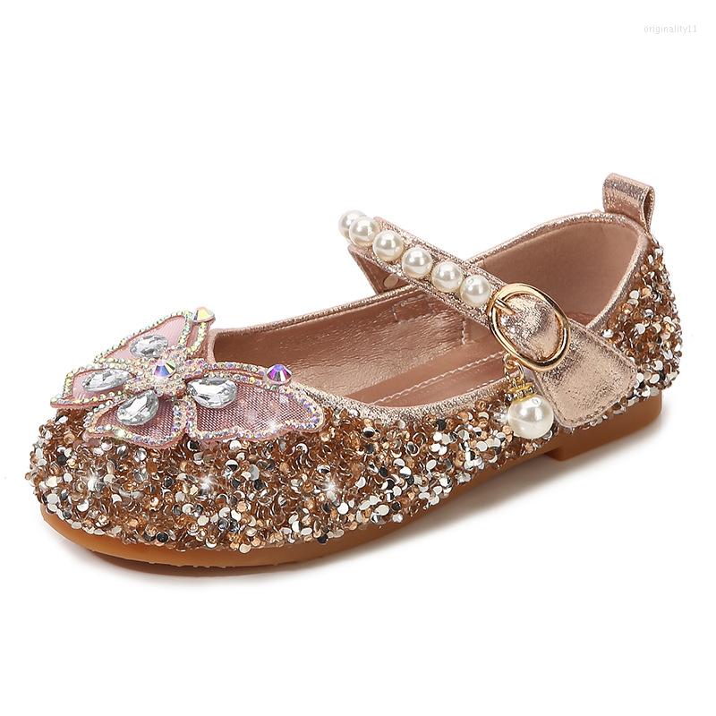 

Athletic Shoes Girls Leather Children Casual Sneakers Kids Dress Flats Crystal Rhinestone Pearls Beading With Butterfly Princess Wedding, Blue