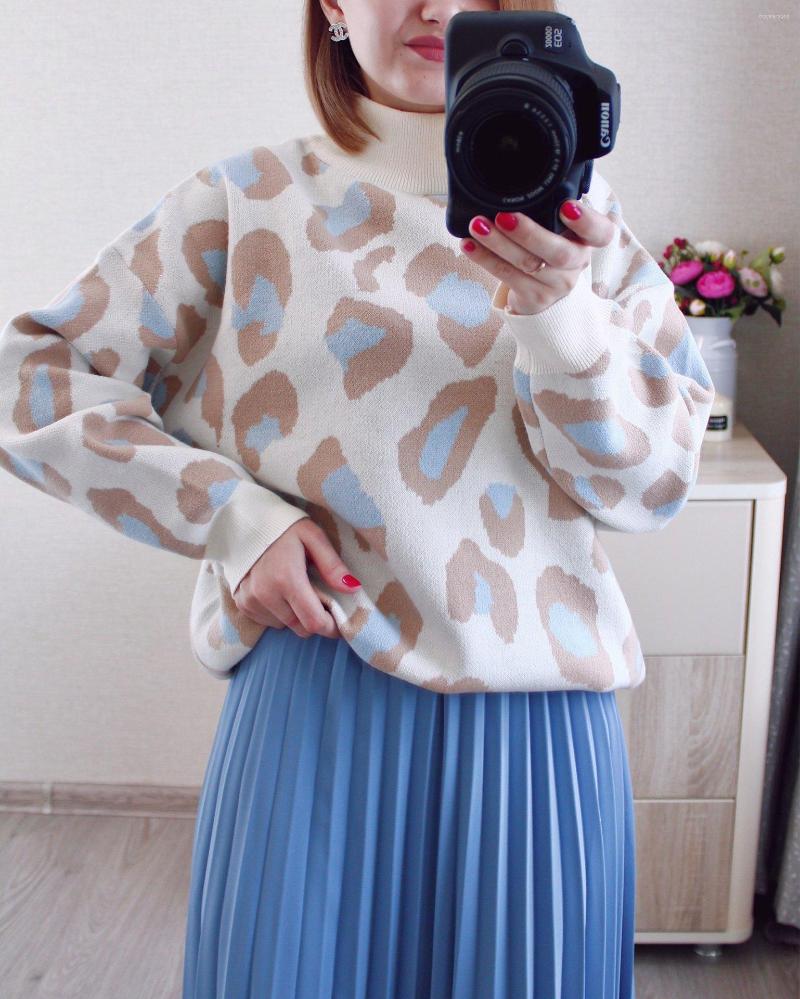 

Women' Sweaters 2022 Women' Winter Sweater Leopard Print White Turtleneck Oversize Jumper Vintage Warm Knitted For Women, Color-b