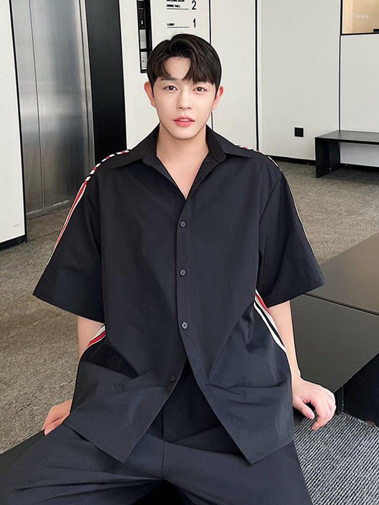 

Men's Casual Shirts Men Sleeve Summer Short Shirt Stripe Contrast Color Stitching 2023 Korean Fashion Turn-down Collar Vintage 2A3268